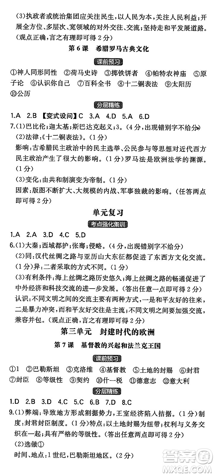 湖南教育出版社2024年秋一本同步訓練九年級歷史上冊人教版陜西專版答案