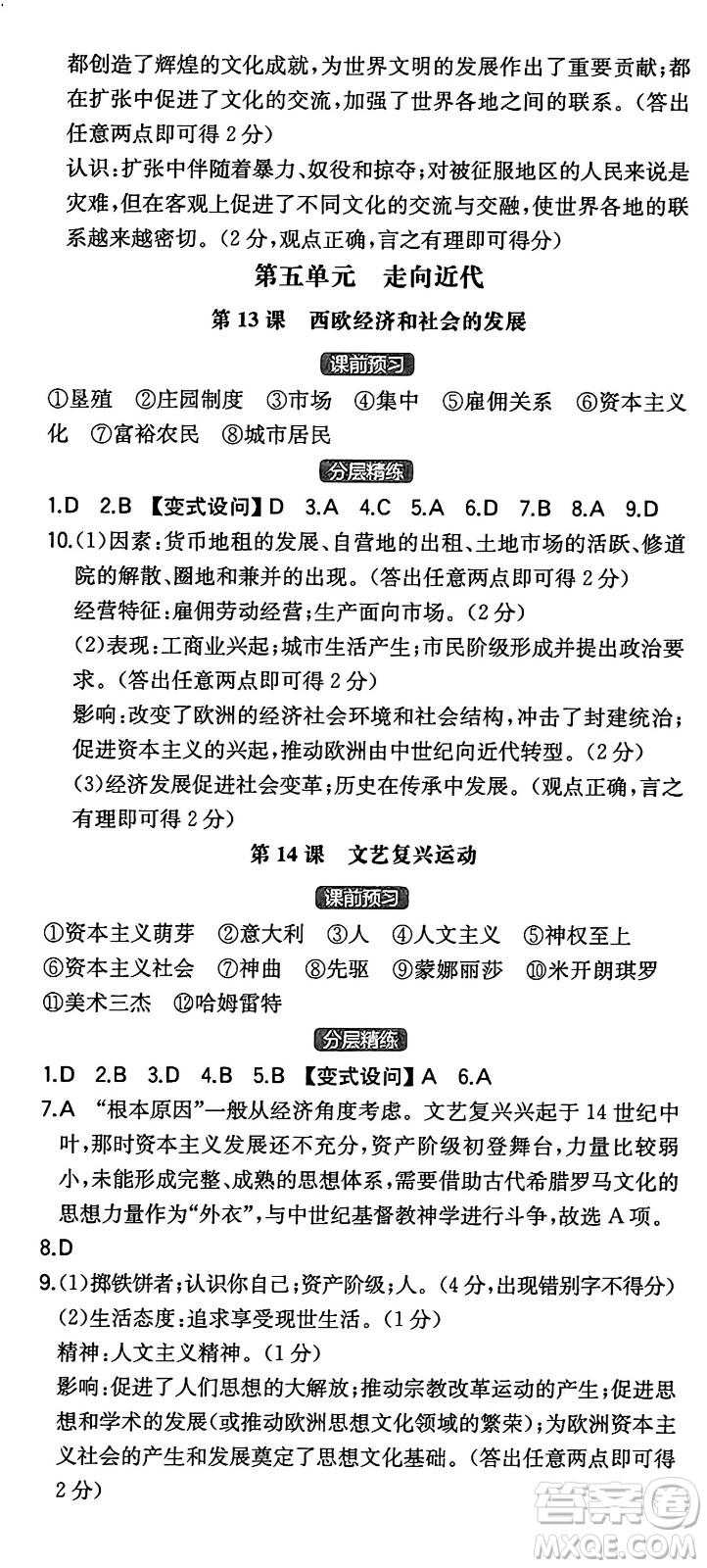 湖南教育出版社2024年秋一本同步訓練九年級歷史上冊人教版陜西專版答案