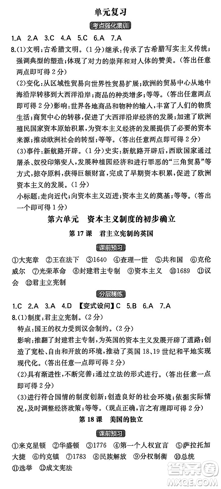 湖南教育出版社2024年秋一本同步訓練九年級歷史上冊人教版陜西專版答案