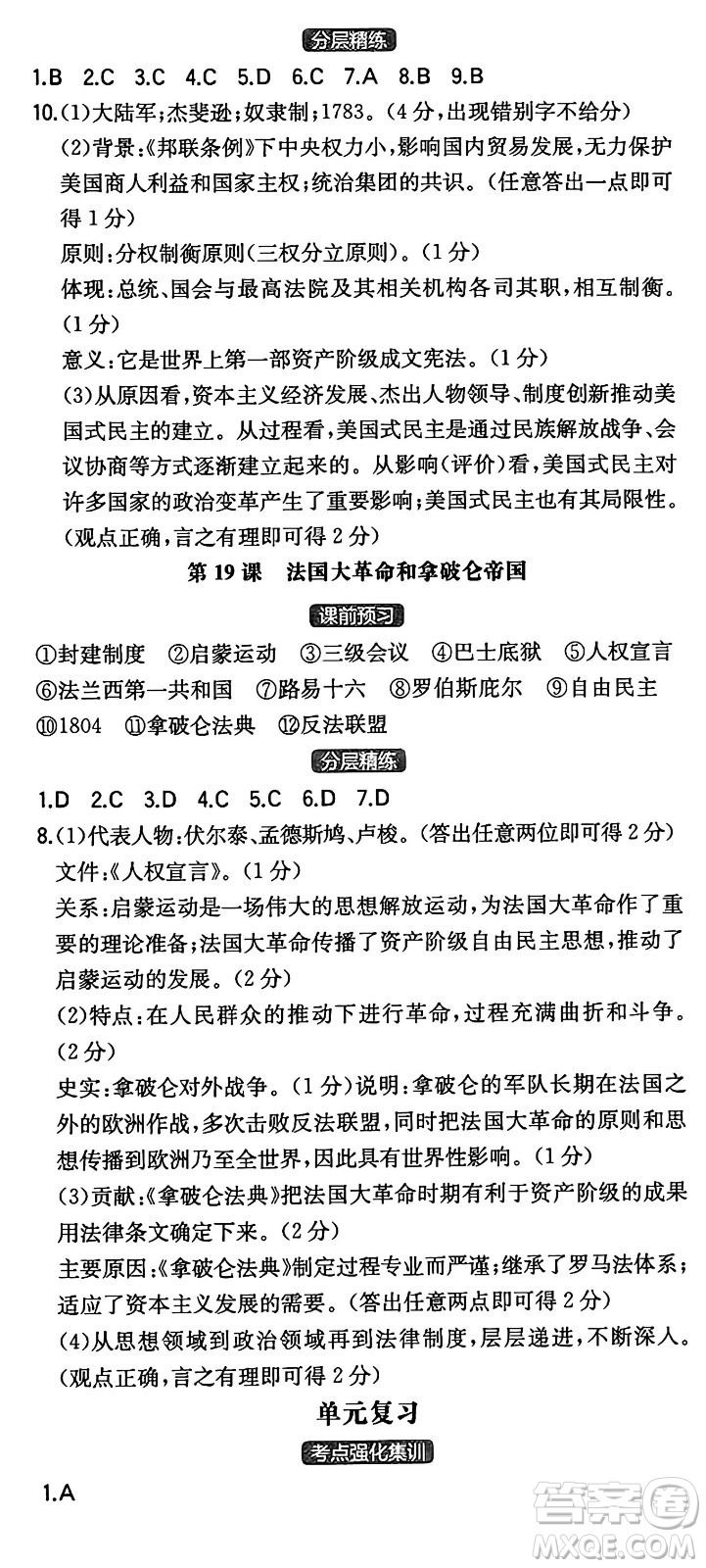 湖南教育出版社2024年秋一本同步訓練九年級歷史上冊人教版陜西專版答案