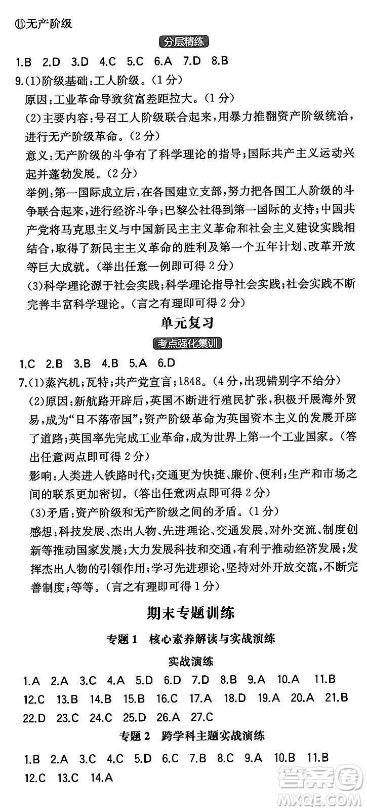 湖南教育出版社2024年秋一本同步訓練九年級歷史上冊人教版陜西專版答案