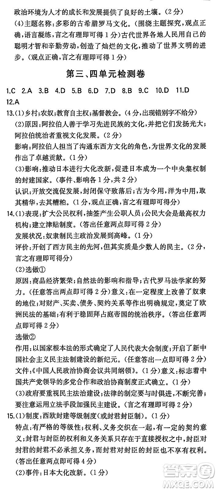 湖南教育出版社2024年秋一本同步訓練九年級歷史上冊人教版陜西專版答案