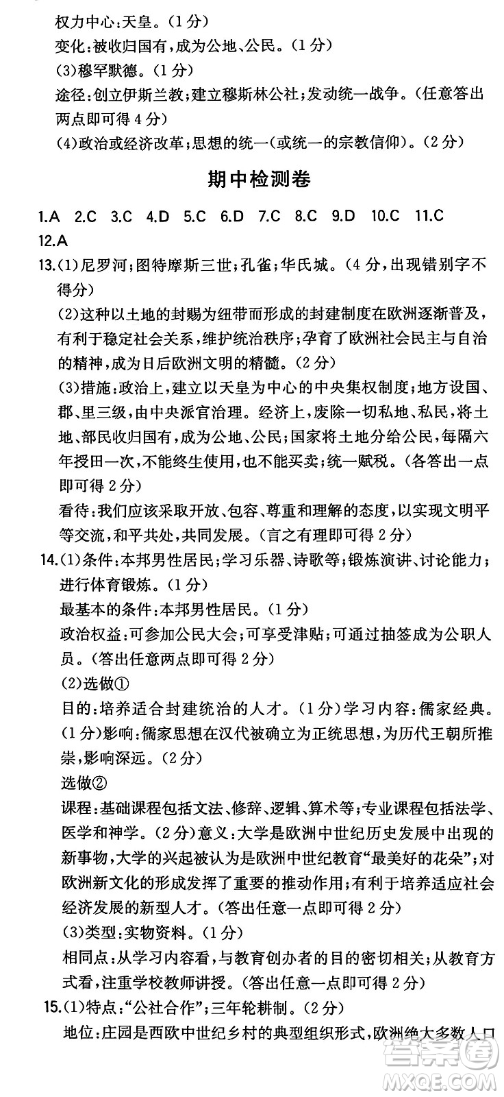 湖南教育出版社2024年秋一本同步訓練九年級歷史上冊人教版陜西專版答案