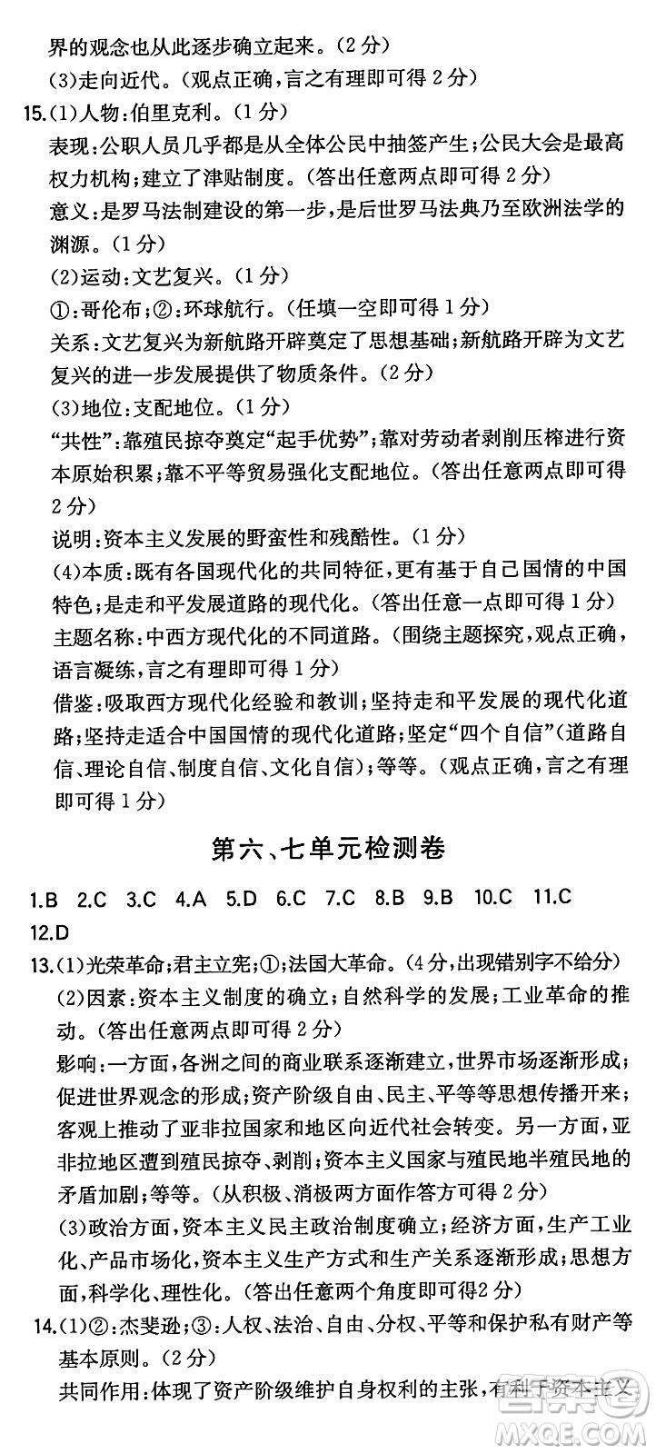 湖南教育出版社2024年秋一本同步訓練九年級歷史上冊人教版陜西專版答案