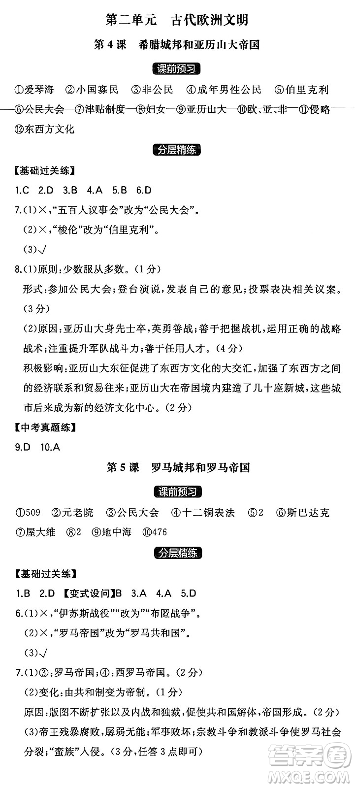 湖南教育出版社2024年秋一本同步訓練九年級歷史上冊人教版安徽專版答案