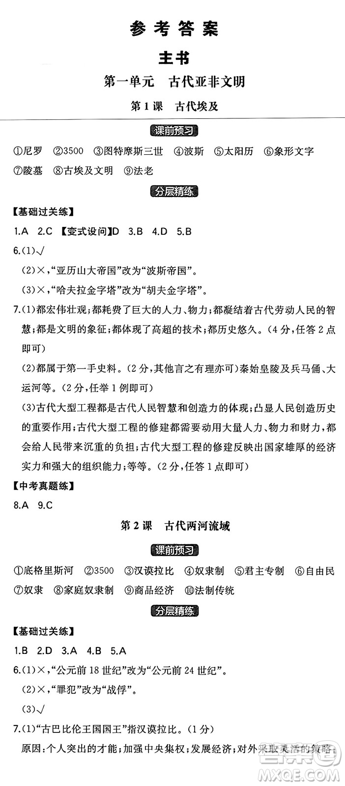 湖南教育出版社2024年秋一本同步訓練九年級歷史上冊人教版安徽專版答案