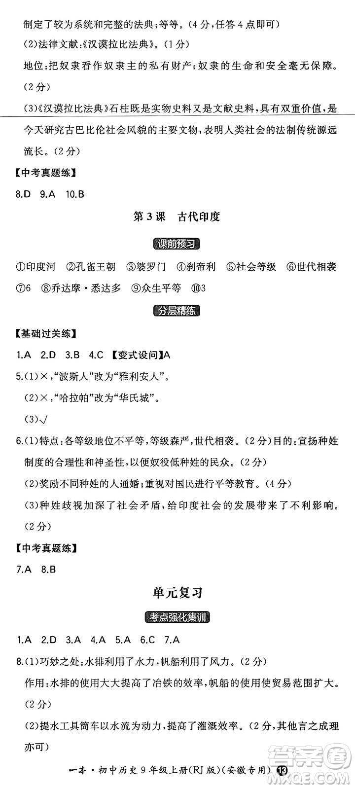 湖南教育出版社2024年秋一本同步訓練九年級歷史上冊人教版安徽專版答案