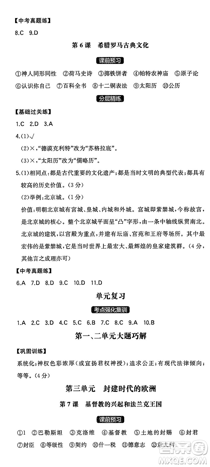 湖南教育出版社2024年秋一本同步訓練九年級歷史上冊人教版安徽專版答案