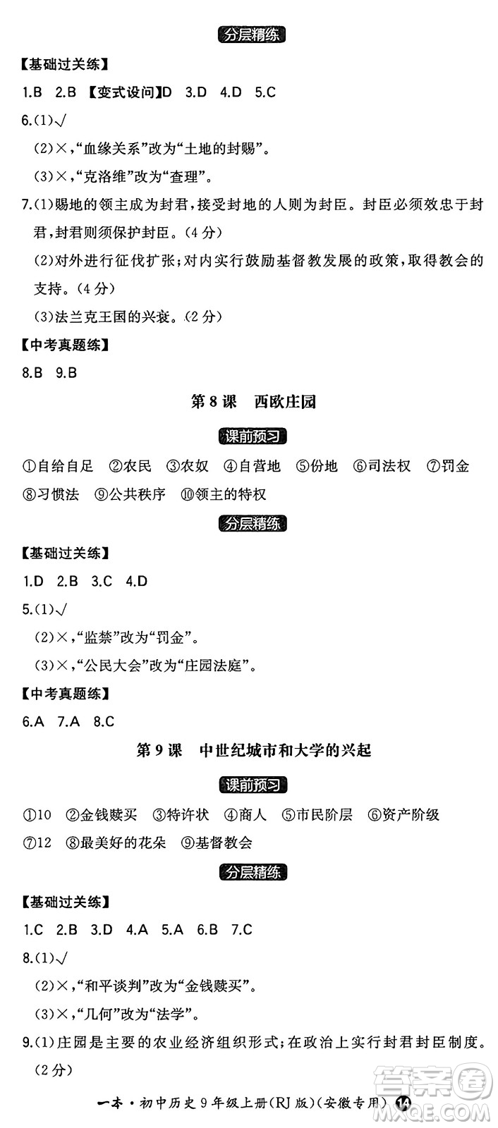 湖南教育出版社2024年秋一本同步訓練九年級歷史上冊人教版安徽專版答案