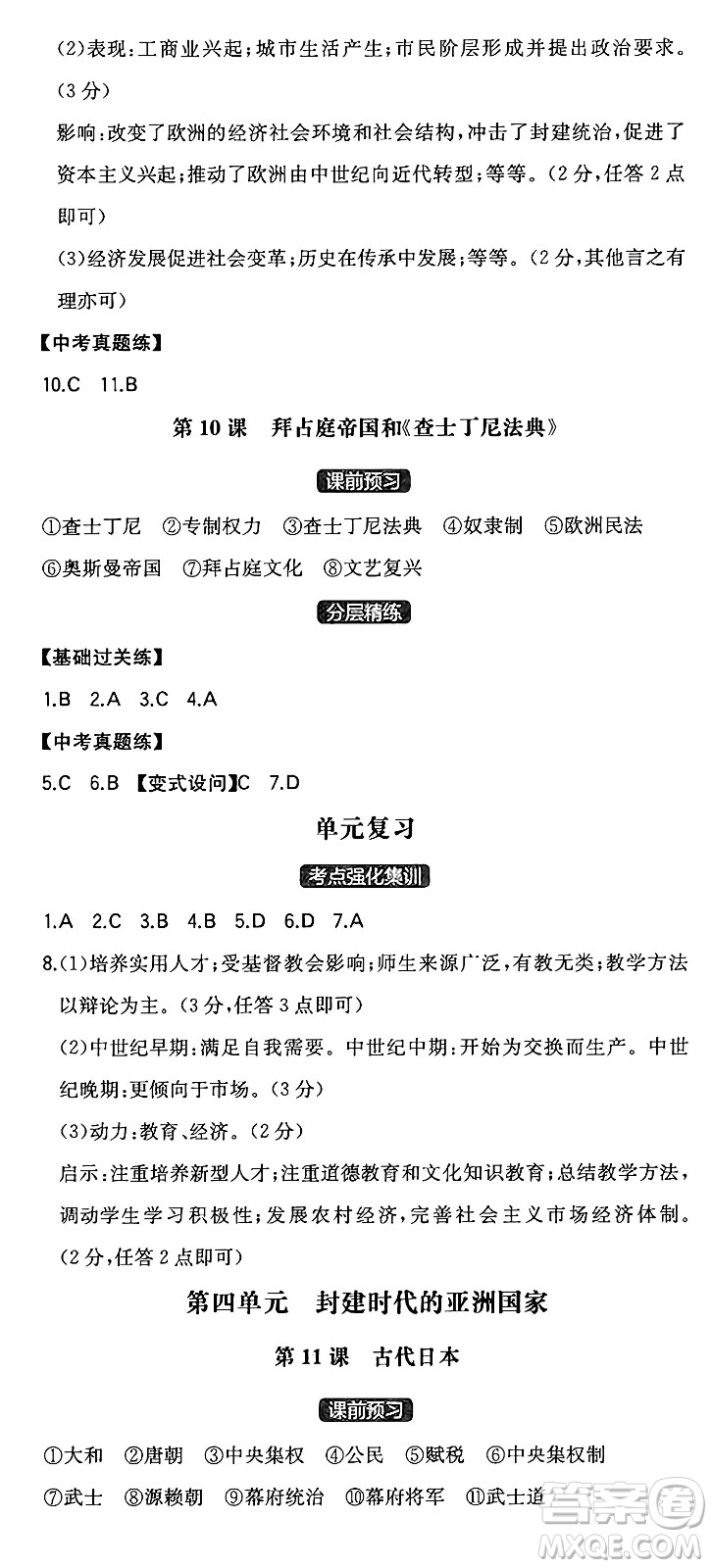 湖南教育出版社2024年秋一本同步訓練九年級歷史上冊人教版安徽專版答案