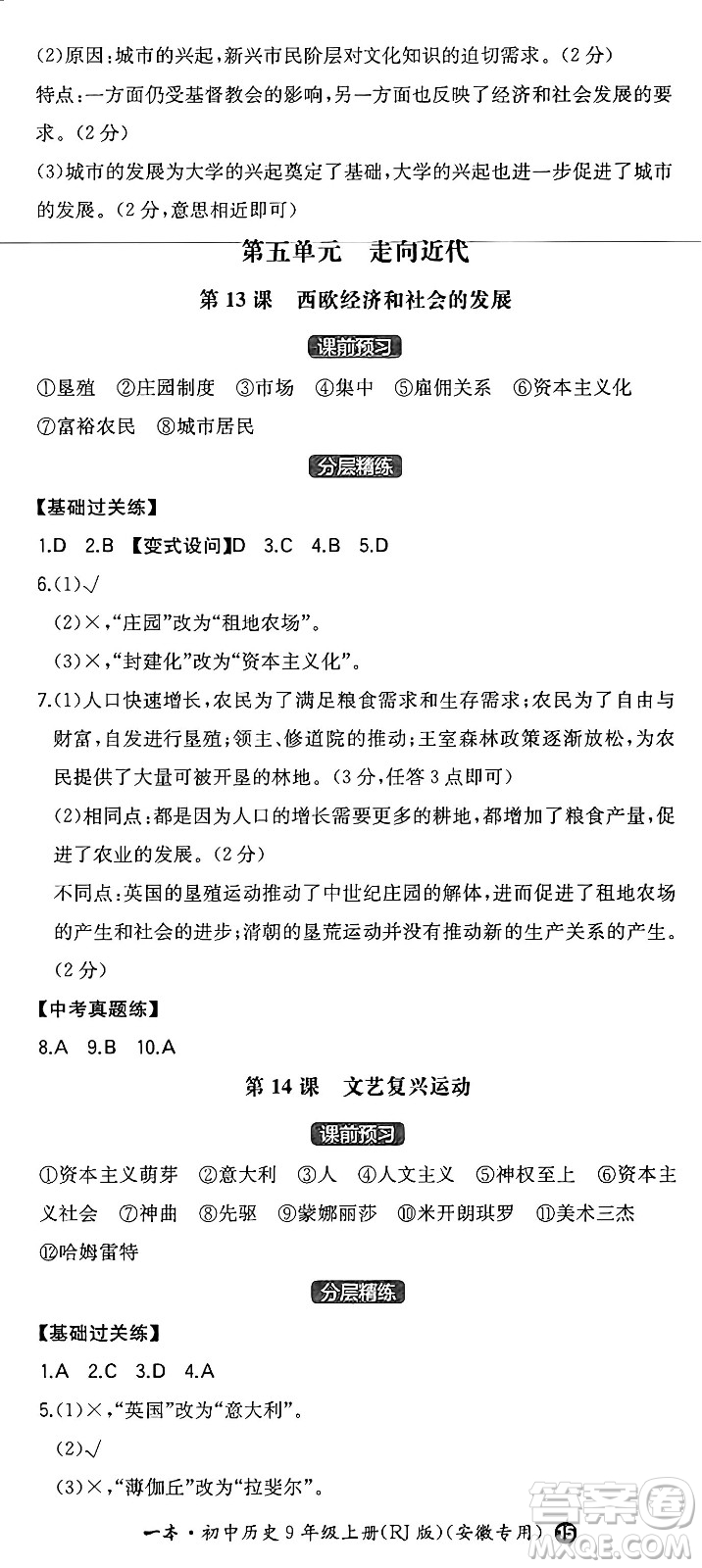 湖南教育出版社2024年秋一本同步訓練九年級歷史上冊人教版安徽專版答案