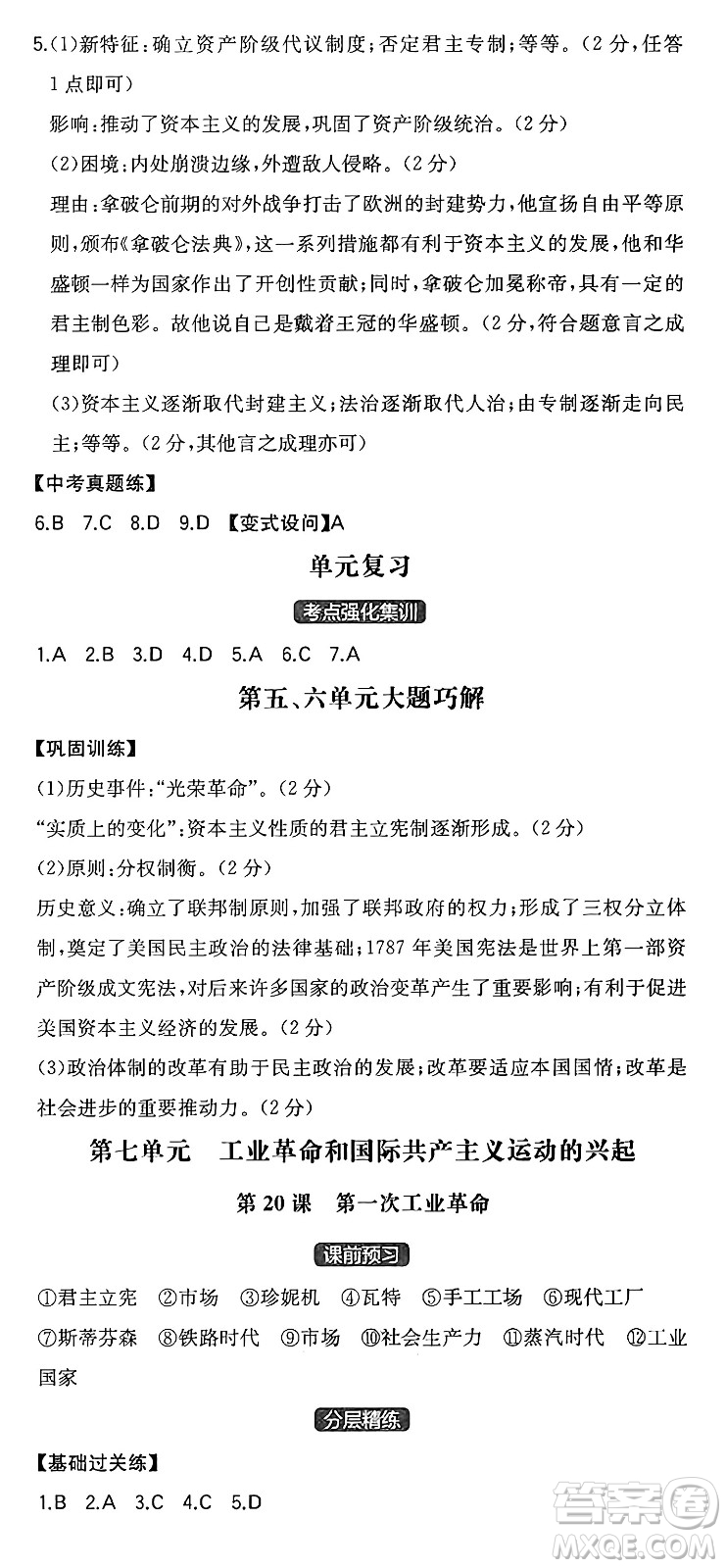 湖南教育出版社2024年秋一本同步訓練九年級歷史上冊人教版安徽專版答案