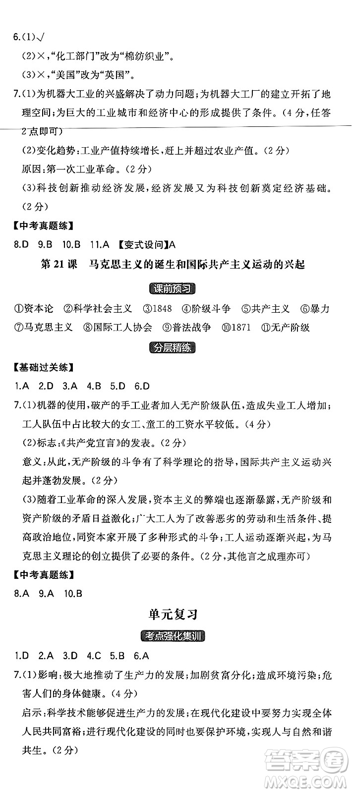 湖南教育出版社2024年秋一本同步訓練九年級歷史上冊人教版安徽專版答案