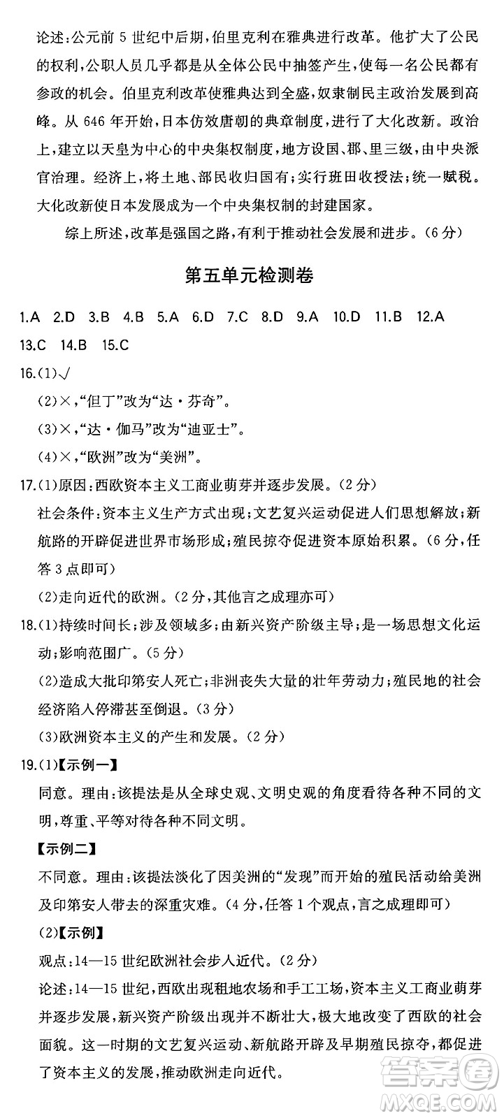 湖南教育出版社2024年秋一本同步訓練九年級歷史上冊人教版安徽專版答案