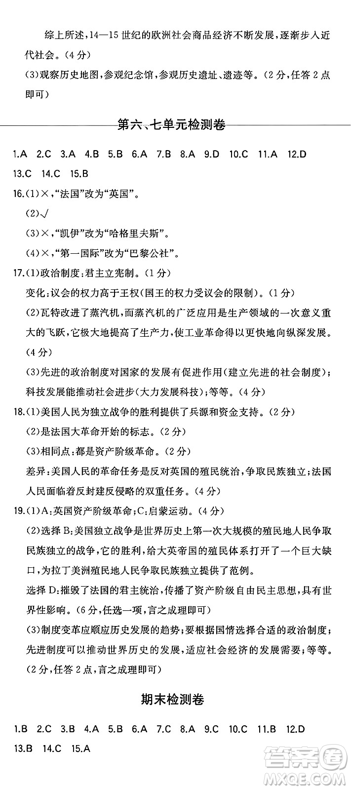 湖南教育出版社2024年秋一本同步訓練九年級歷史上冊人教版安徽專版答案