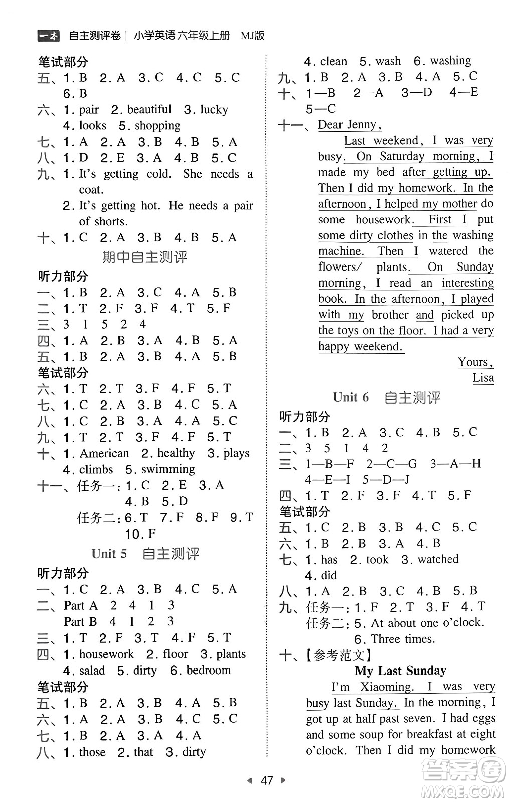 湖南教育出版社2024年秋一本同步訓(xùn)練六年級(jí)英語上冊閩教版福建專版答案