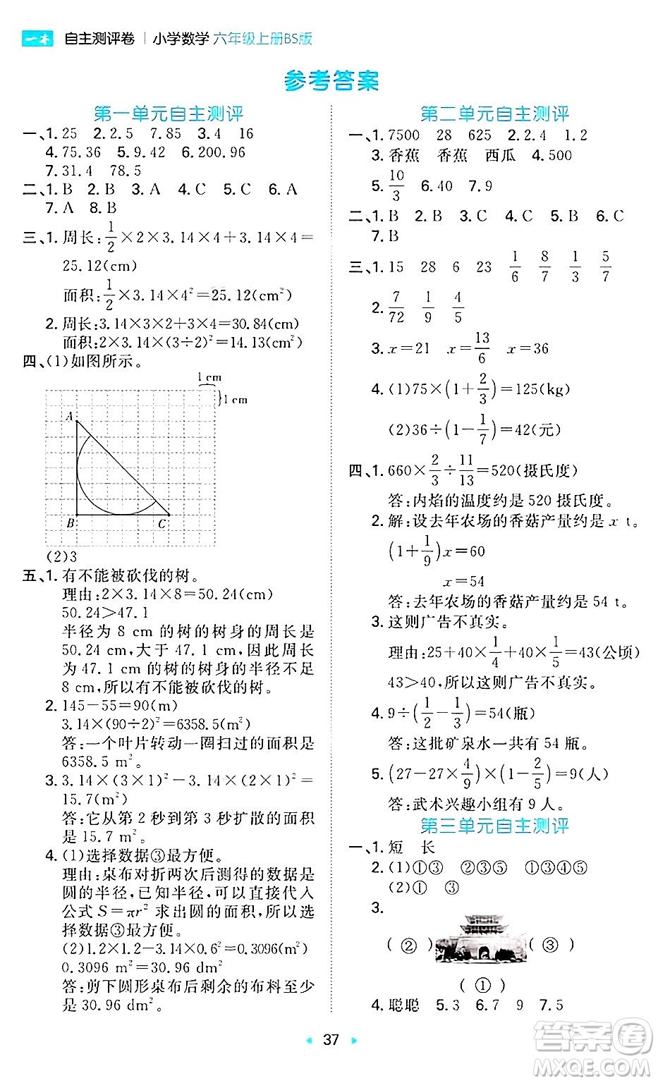 湖南教育出版社2024年秋一本同步訓(xùn)練六年級(jí)數(shù)學(xué)上冊(cè)北師大版答案