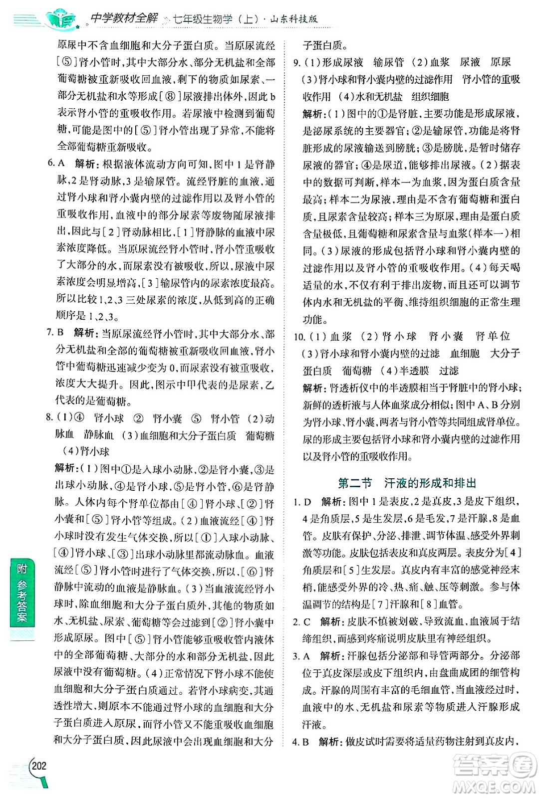 陜西人民教育出版社2024年秋中學(xué)教材全解七年級生物上冊魯科版五四制答案