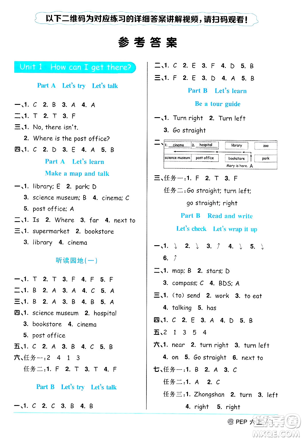 甘肅少年兒童出版社2024年秋陽光同學課時優(yōu)化作業(yè)六年級英語上冊人教PEP版山東專版答案