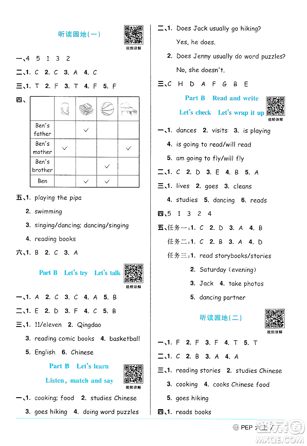 甘肅少年兒童出版社2024年秋陽光同學課時優(yōu)化作業(yè)六年級英語上冊人教PEP版山東專版答案