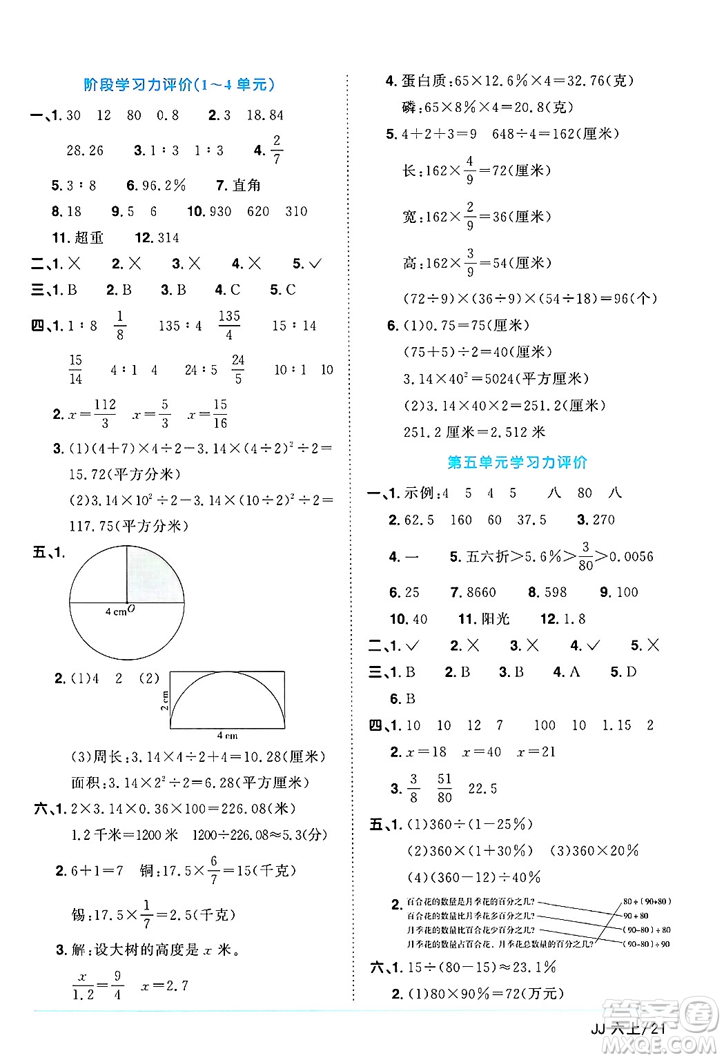 江西教育出版社2024年秋陽光同學課時優(yōu)化作業(yè)六年級數(shù)學上冊冀教版答案