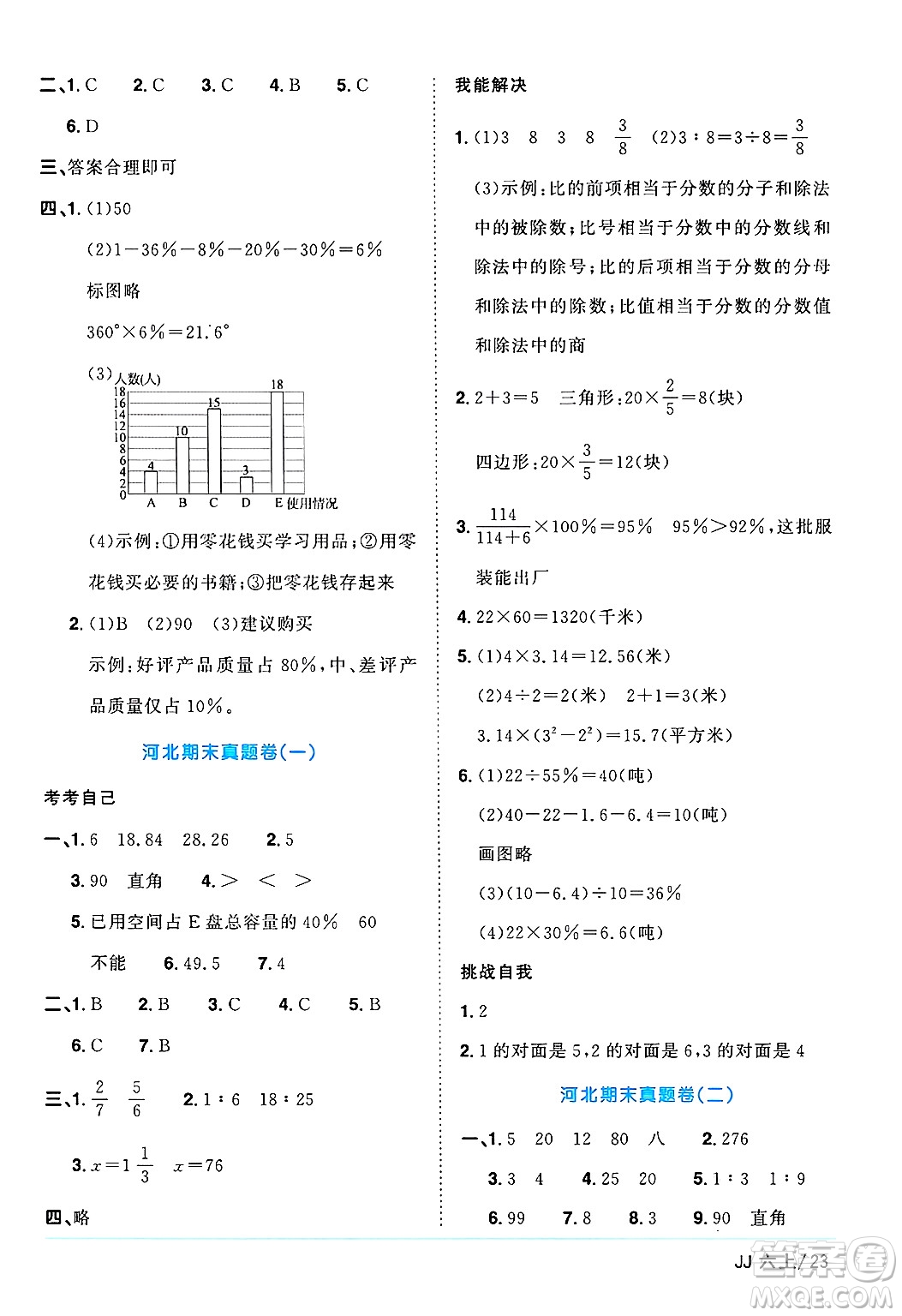 江西教育出版社2024年秋陽光同學課時優(yōu)化作業(yè)六年級數(shù)學上冊冀教版答案