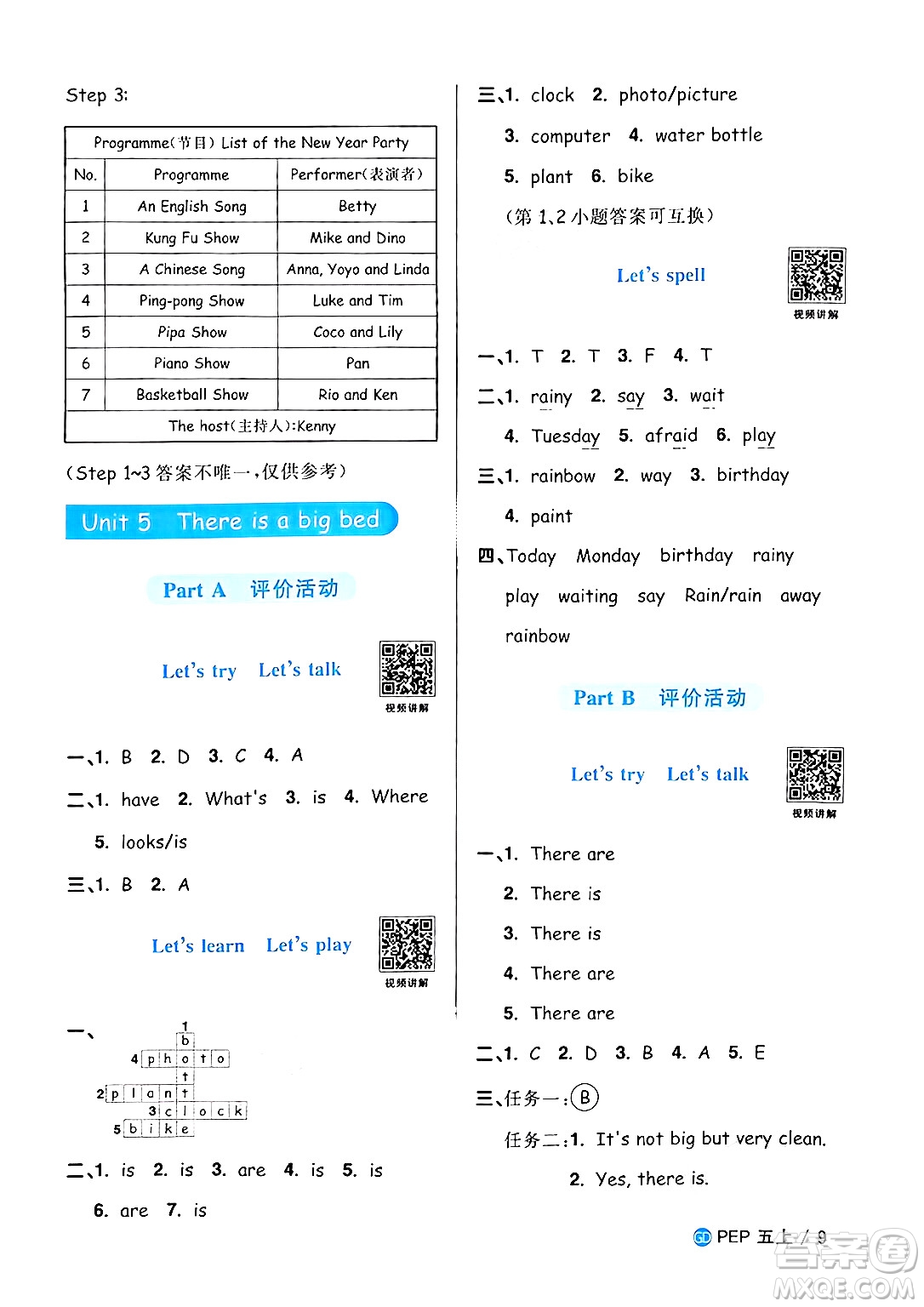 廣東人民出版社2024年秋陽光同學課時優(yōu)化作業(yè)五年級英語上冊人教PEP版廣東專版答案