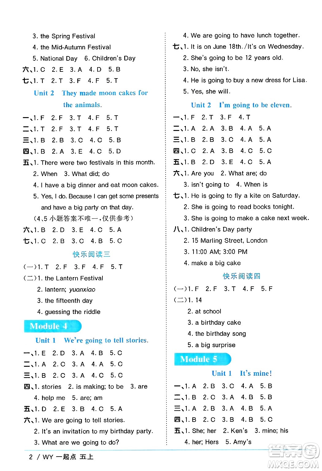 江西教育出版社2024年秋陽光同學課時優(yōu)化作業(yè)五年級英語上冊外研版一起點答案