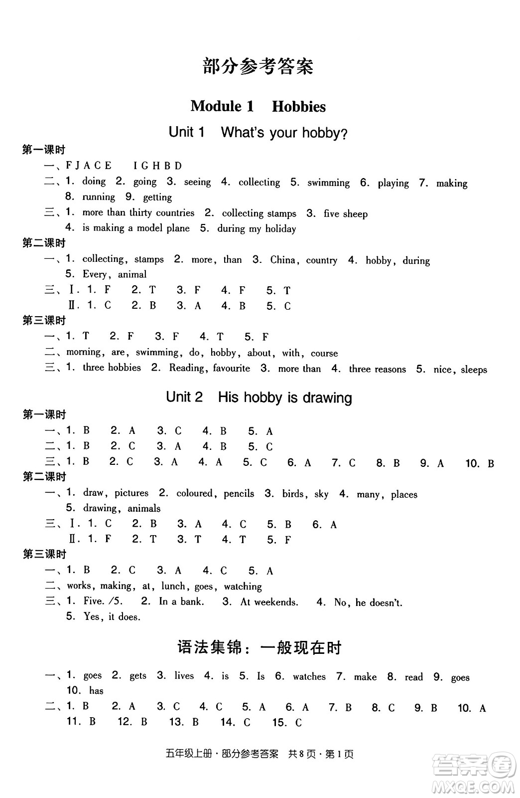 江西教育出版社2024年秋陽光同學課時優(yōu)化作業(yè)五年級英語上冊教科版廣州專版答案