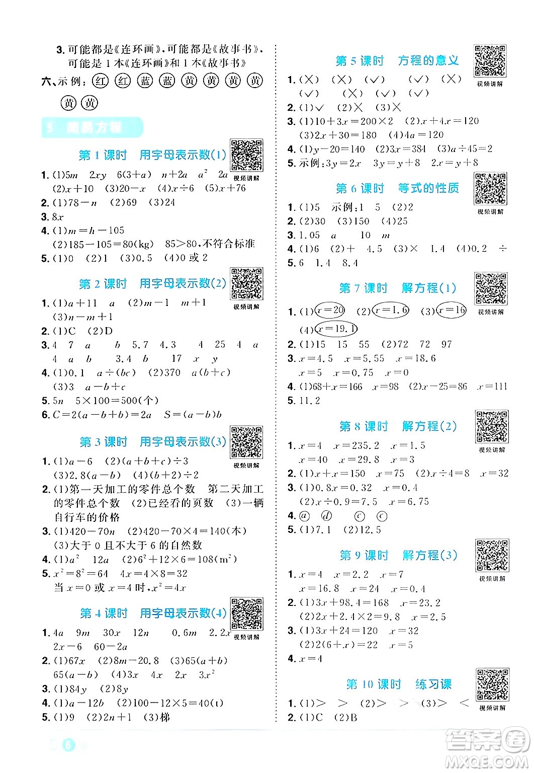 江西教育出版社2024年秋陽光同學課時優(yōu)化作業(yè)五年級數(shù)學上冊人教版答案