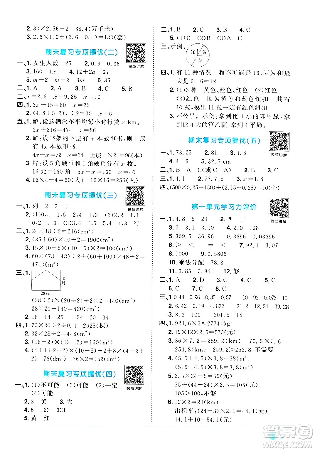 江西教育出版社2024年秋陽光同學課時優(yōu)化作業(yè)五年級數(shù)學上冊人教版答案