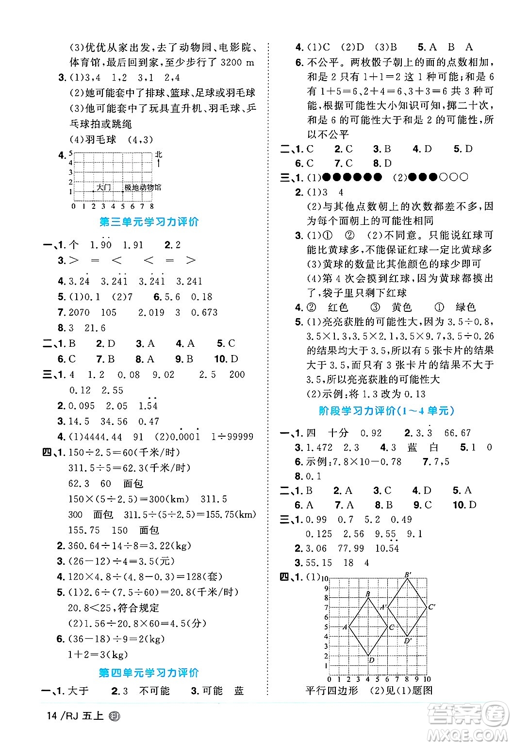 福建少年兒童出版社2024年秋陽光同學課時優(yōu)化作業(yè)五年級數(shù)學上冊人教版福建專版答案