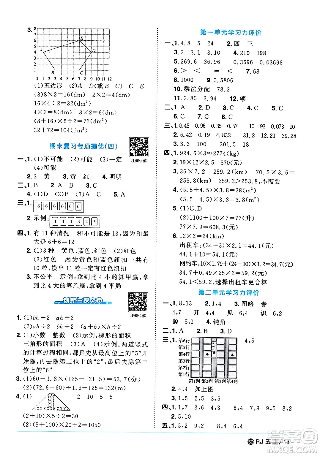 甘肅少年兒童出版社2024年秋陽光同學(xué)課時(shí)優(yōu)化作業(yè)五年級(jí)數(shù)學(xué)上冊(cè)人教版山東專版答案