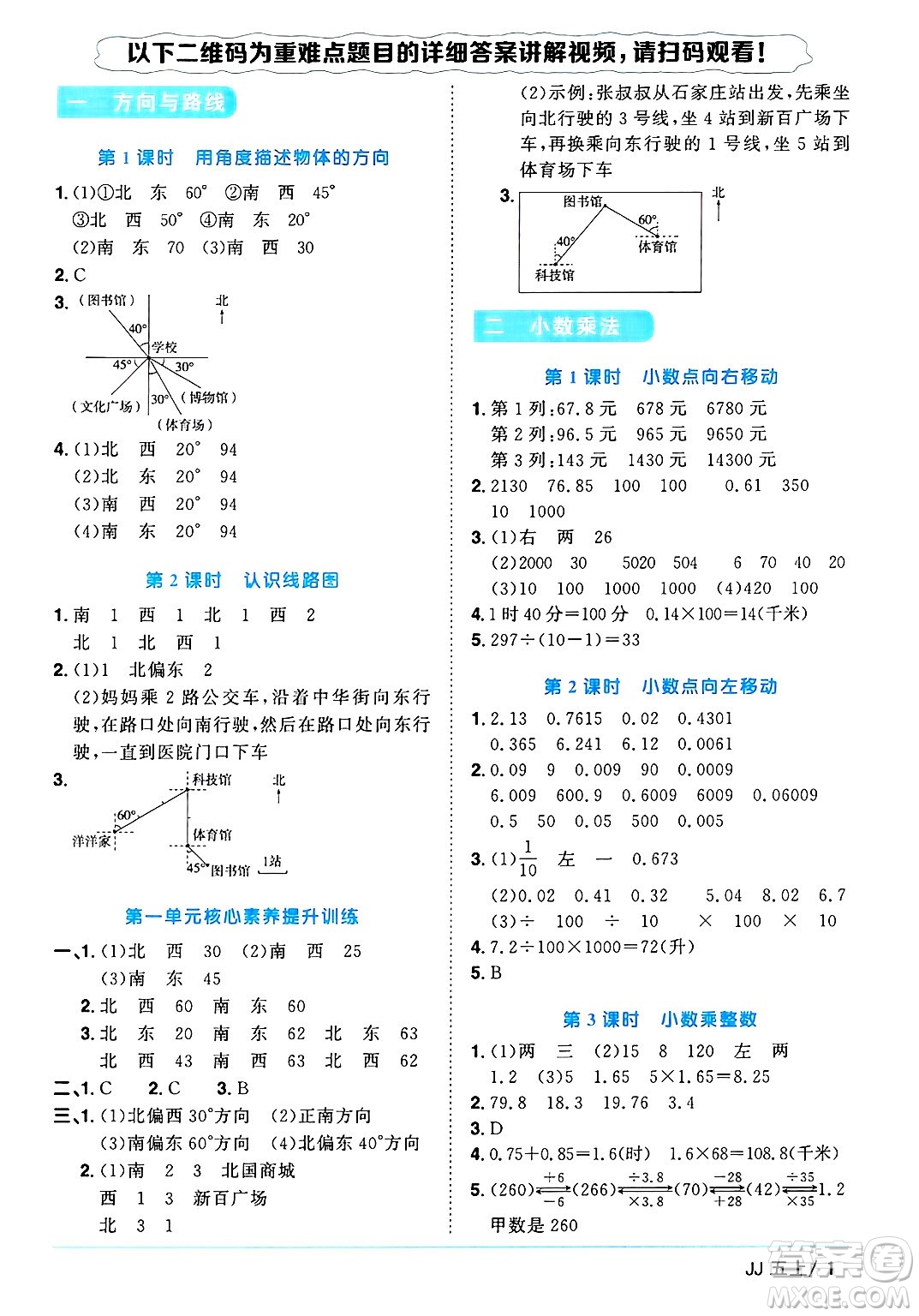 江西教育出版社2024年秋陽光同學課時優(yōu)化作業(yè)五年級數學上冊冀教版答案