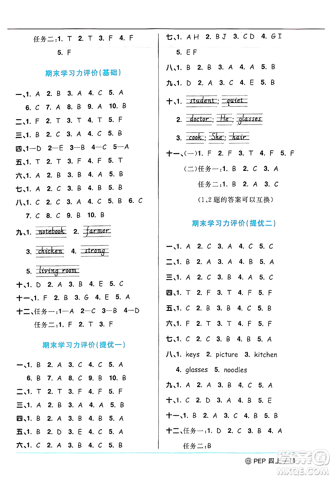 甘肅少年兒童出版社2024年秋陽(yáng)光同學(xué)課時(shí)優(yōu)化作業(yè)四年級(jí)英語(yǔ)上冊(cè)人教PEP版山東專版答案