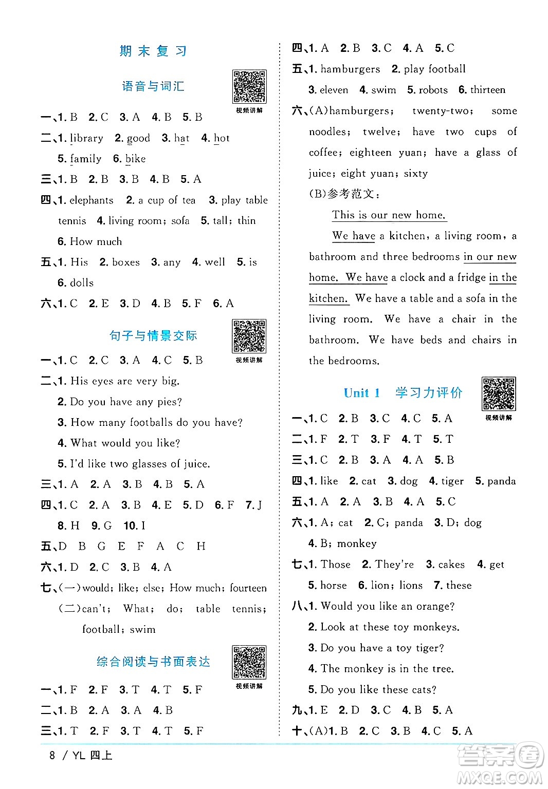 江西教育出版社2024年秋陽光同學(xué)課時優(yōu)化作業(yè)四年級英語上冊譯林版答案