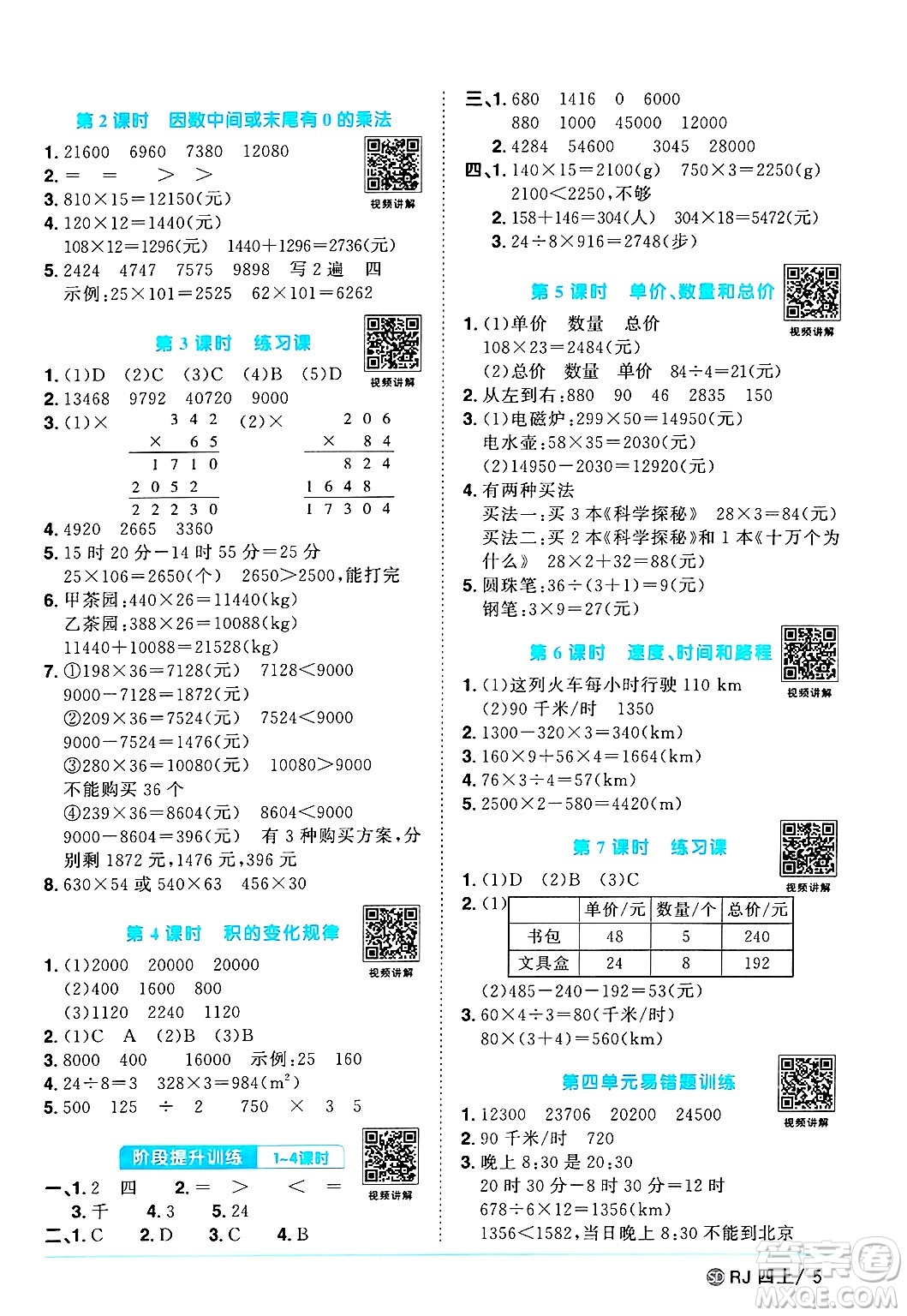 甘肅少年兒童出版社2024年秋陽(yáng)光同學(xué)課時(shí)優(yōu)化作業(yè)四年級(jí)數(shù)學(xué)上冊(cè)人教版山東專版答案