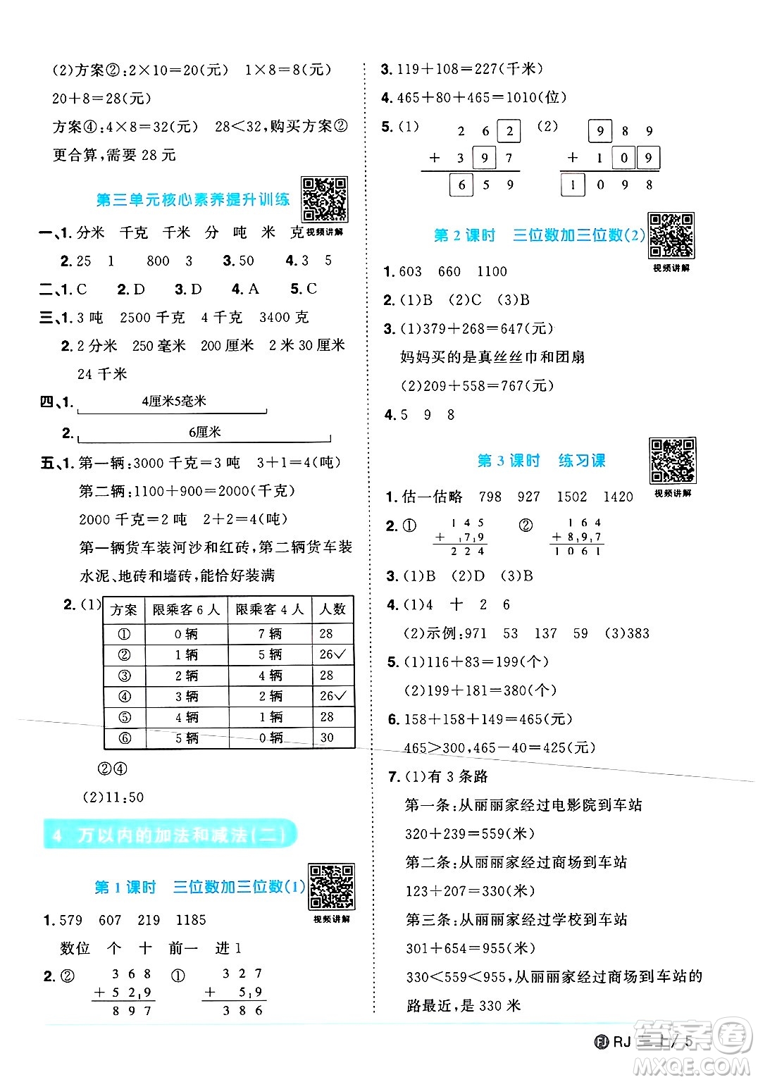 福建少年兒童出版社2024年秋陽光同學(xué)課時優(yōu)化作業(yè)三年級數(shù)學(xué)上冊人教版福建專版答案