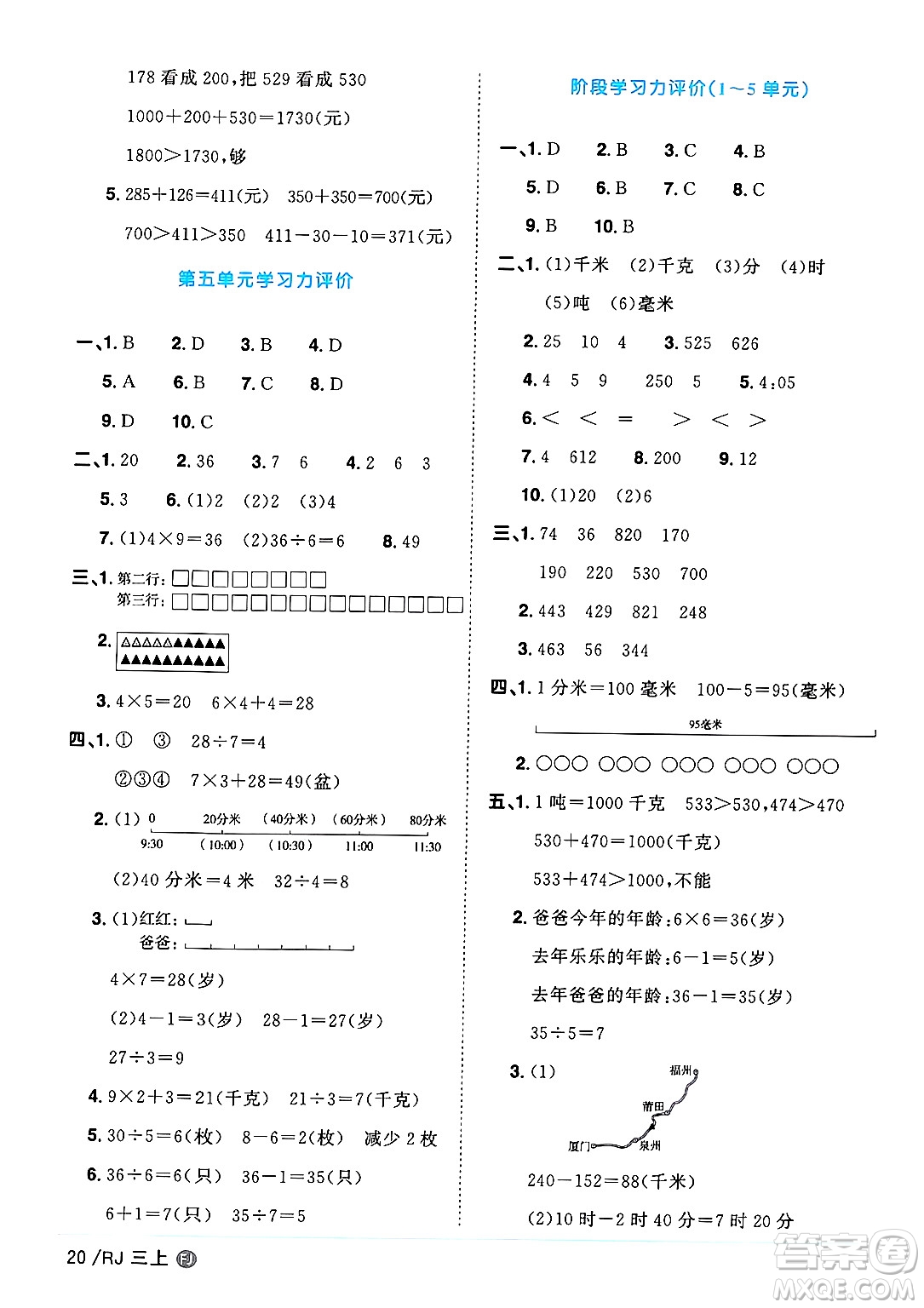 福建少年兒童出版社2024年秋陽光同學(xué)課時優(yōu)化作業(yè)三年級數(shù)學(xué)上冊人教版福建專版答案