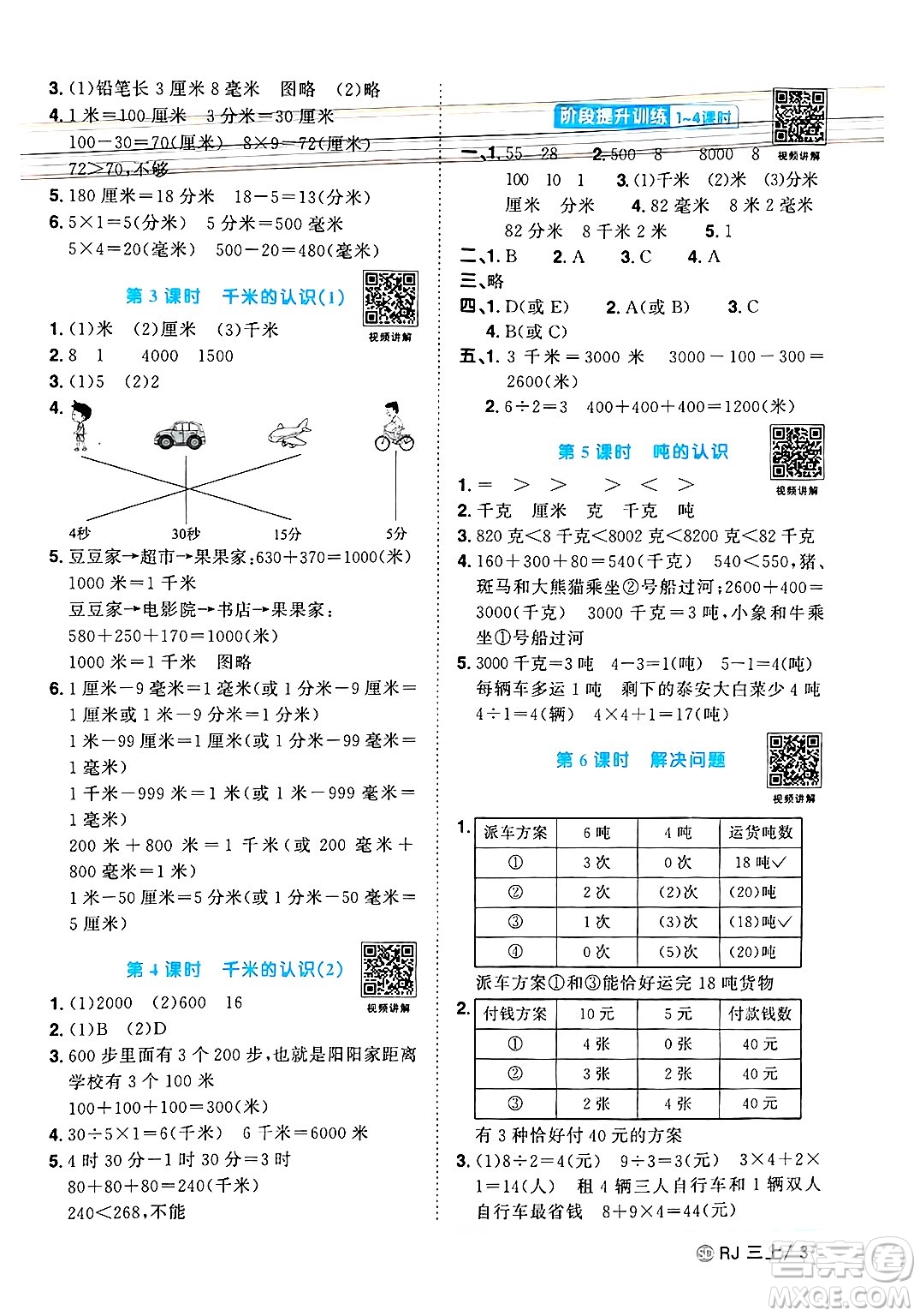 甘肅少年兒童出版社2024年秋陽光同學(xué)課時優(yōu)化作業(yè)三年級數(shù)學(xué)上冊人教版山東專版答案