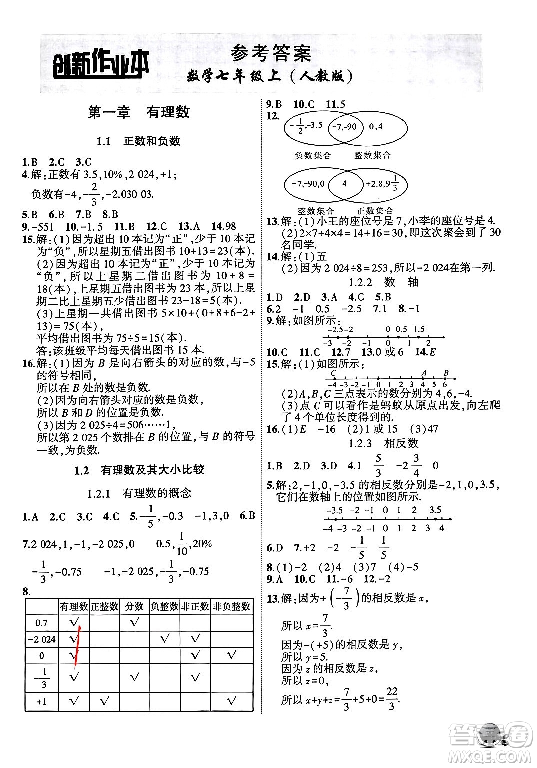 安徽大學出版社2024年秋創(chuàng)新課堂創(chuàng)新作業(yè)本七年級數(shù)學上冊人教版答案