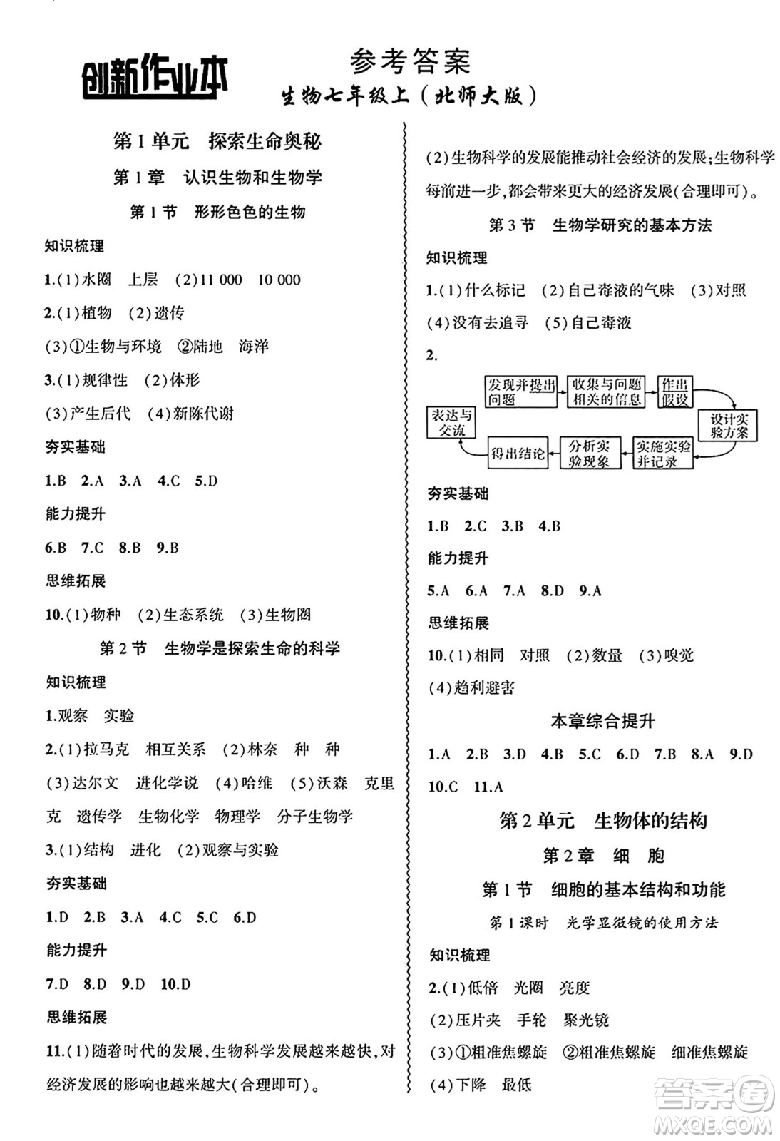 安徽大學(xué)出版社2024年秋創(chuàng)新課堂創(chuàng)新作業(yè)本七年級生物上冊北師大版答案