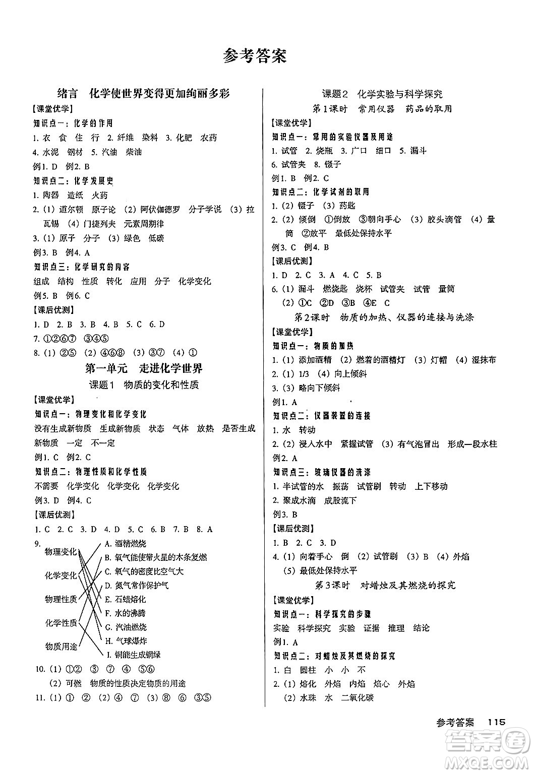 廣東經(jīng)濟出版社2024年秋全優(yōu)點練課計劃九年級化學(xué)上冊人教版答案