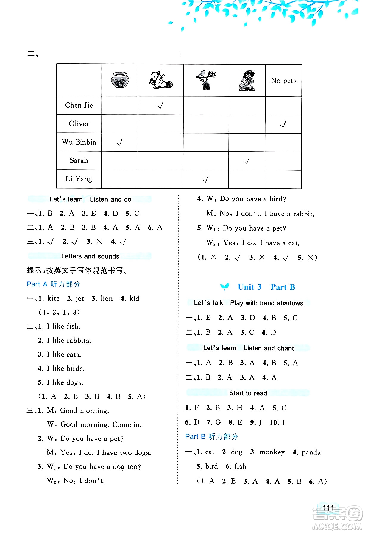 廣西師范大學(xué)出版社2024年秋新課程學(xué)習(xí)與測評同步學(xué)習(xí)三年級英語上冊人教版答案