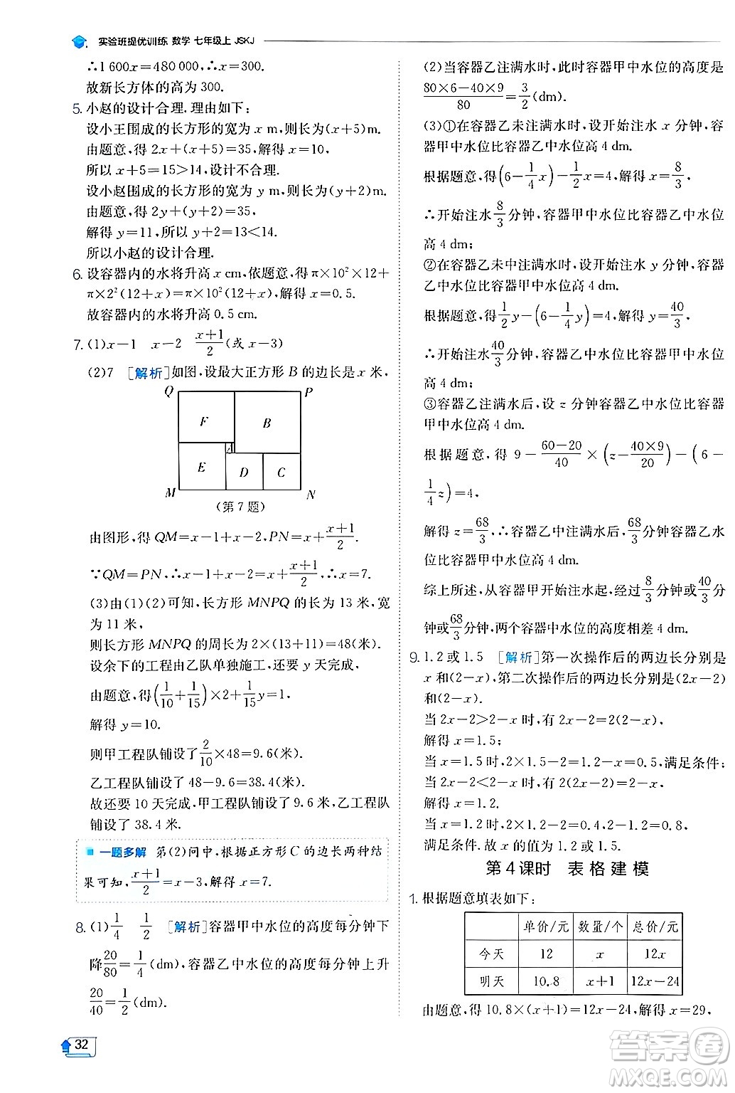 江蘇人民出版社2024年秋春雨教育實驗班提優(yōu)訓(xùn)練七年級數(shù)學(xué)上冊蘇科版答案