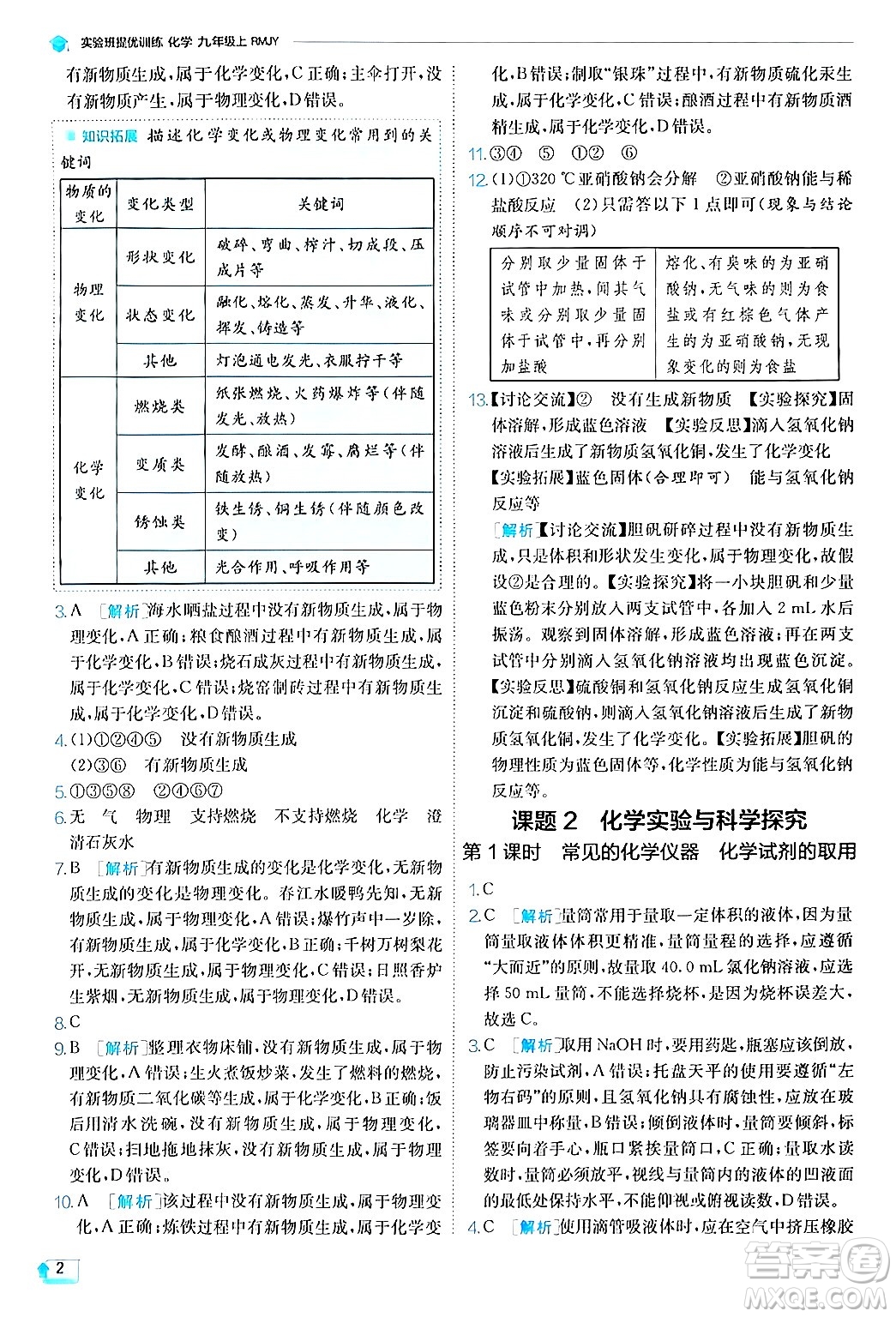 江蘇人民出版社2024年秋春雨教育實驗班提優(yōu)訓練九年級化學上冊人教版答案