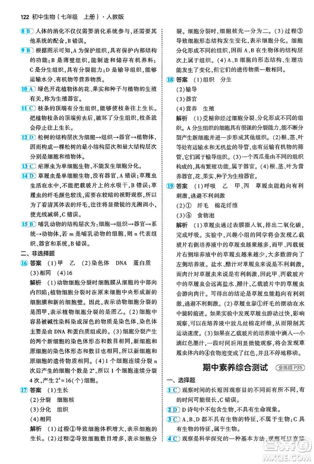 四川大學(xué)出版社2024年秋初中同步5年中考3年模擬七年級生物上冊人教版答案