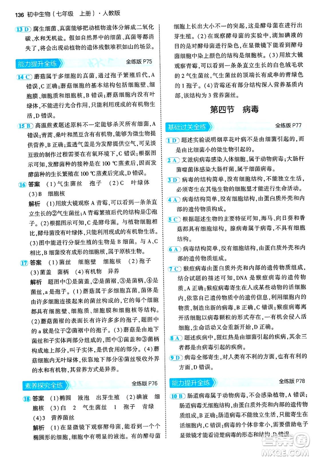 四川大學(xué)出版社2024年秋初中同步5年中考3年模擬七年級生物上冊人教版答案