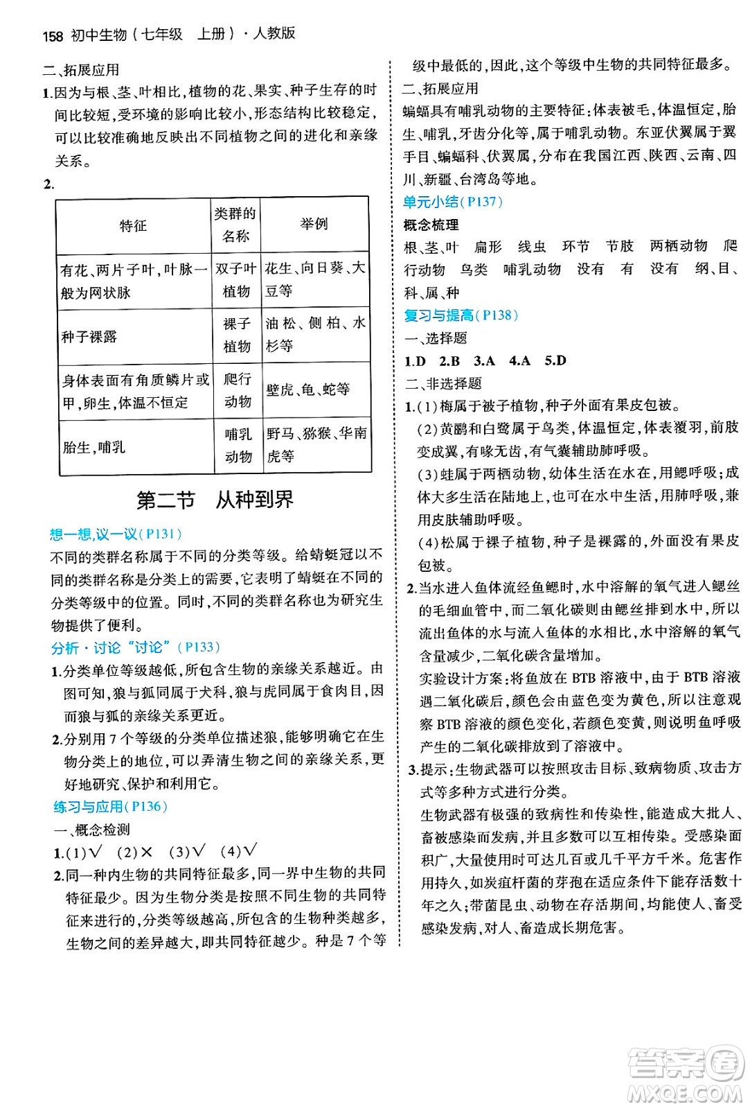 四川大學(xué)出版社2024年秋初中同步5年中考3年模擬七年級生物上冊人教版答案