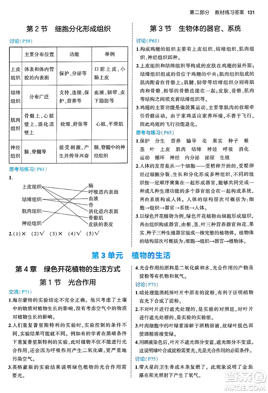 四川大學出版社2024年秋初中同步5年中考3年模擬七年級生物上冊北師大版答案